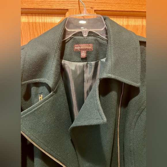 Dana Buchman Asymmetrical Belted Dark Green Trench Coat w/ Gold Zipper Buttons - Picture 4 of 16